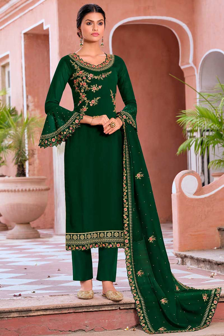Traditional Dark Green Color Georgette Fabric Party Wear Heavy Embroidered Work Salwar Suit