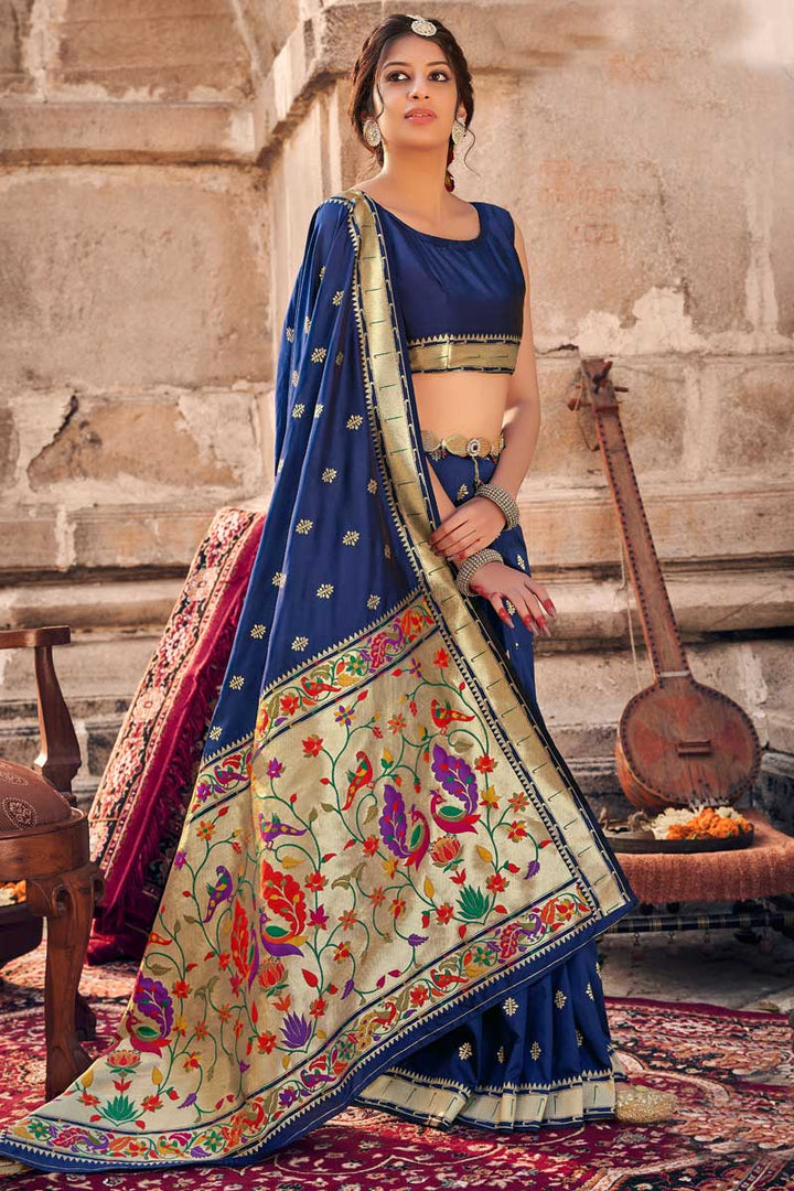 Navy Navy Blue Color Art Silk Fabric Sangeet Wear Coveted Saree With Weaving Work
