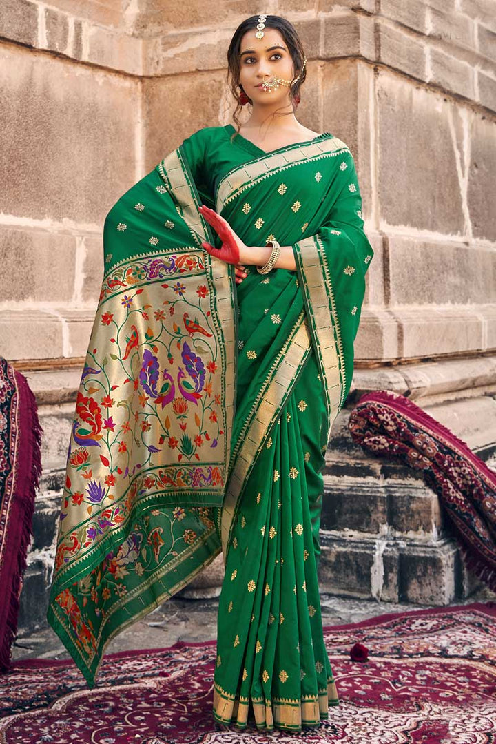 Art Silk Fabric Green Color Sangeet Wear Riveting Saree With Weaving Work