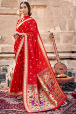 Load image into Gallery viewer, Red Color Art Silk Fabric Engaging Sangeet Wear Saree With Weaving Work
