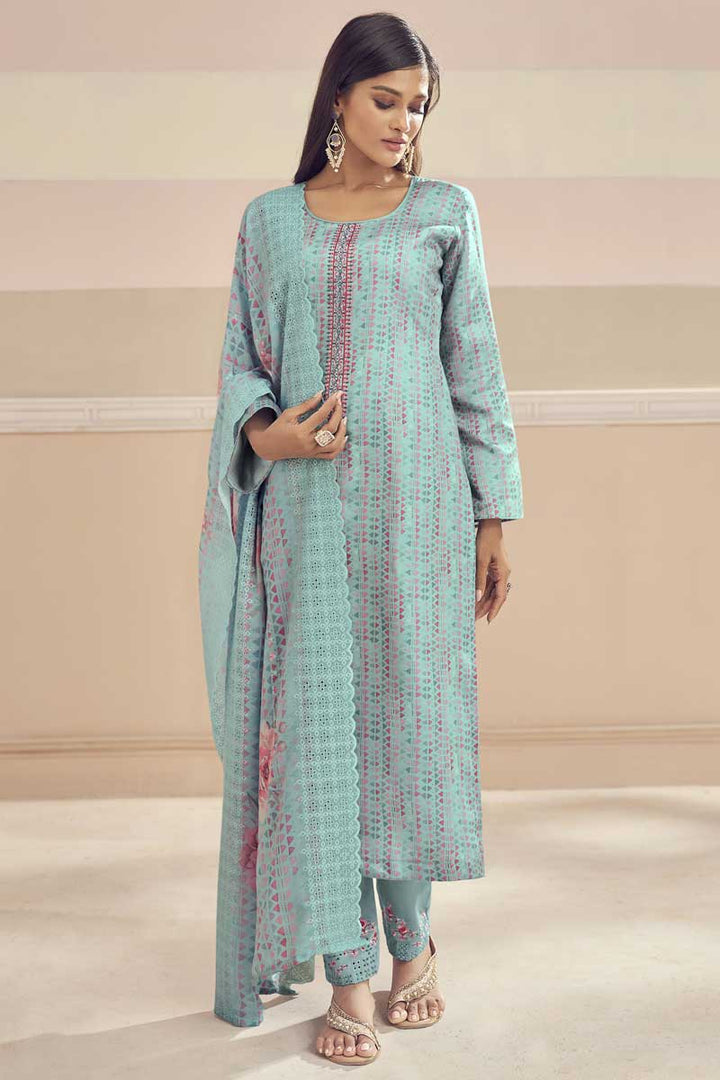 Festival Wear Cyan Color Cotton Fabric Lovely Salwar Suit With Printed Work