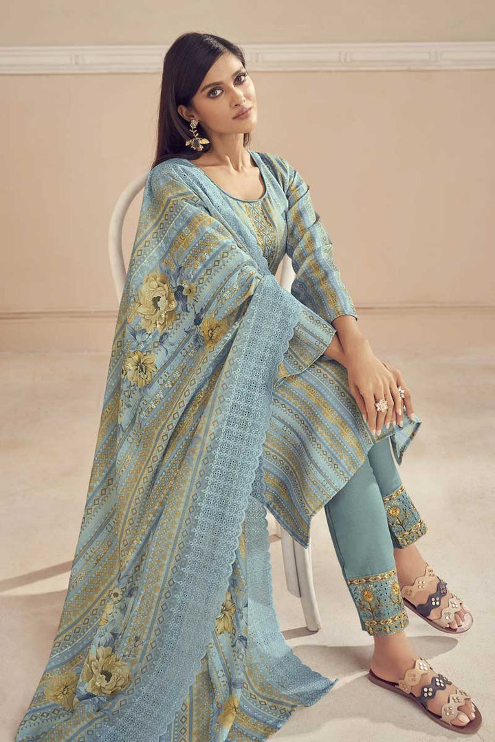 Light Cyan Color Printed Work Cotton Fabric Festival Wear Glorious Salwar Suit