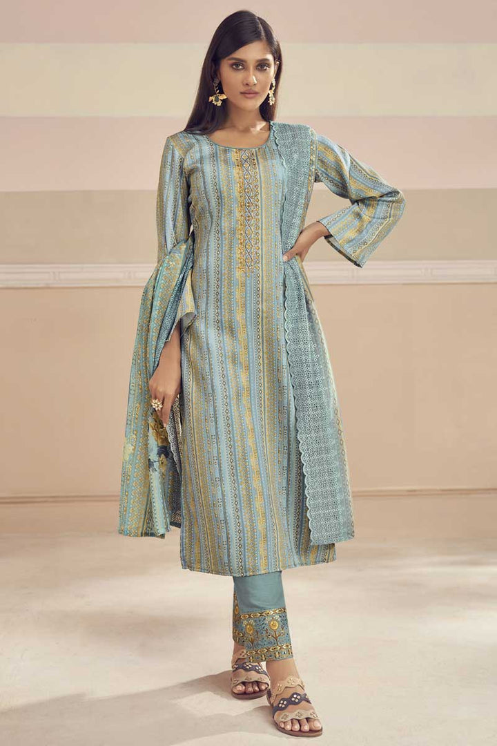 Light Cyan Color Printed Work Cotton Fabric Festival Wear Glorious Salwar Suit