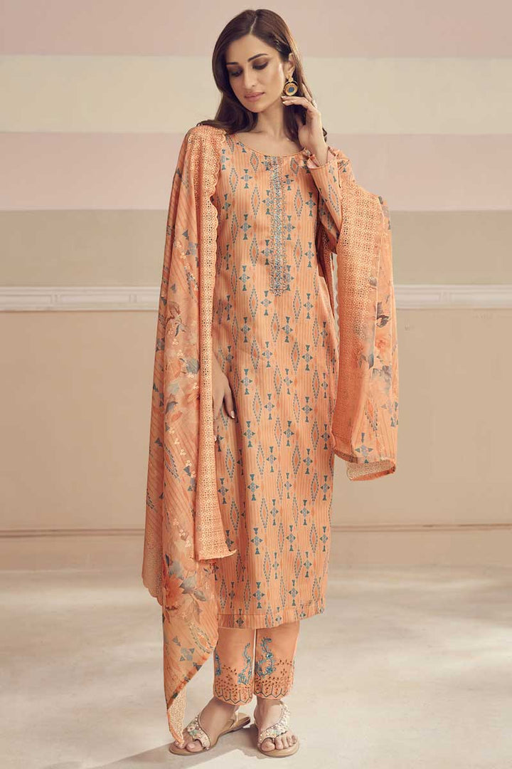 Printed Work Peach Color Cotton Fabric Festival Wear Classic Salwar Suit