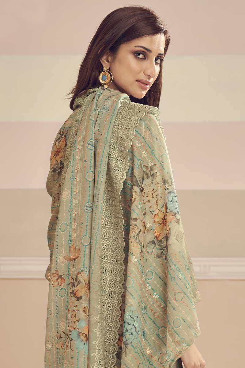 Festival Wear Cotton Fabric Khaki Color Ravishing Salwar Suit With Printed Work
