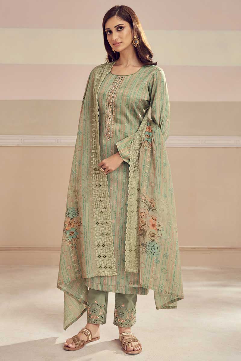 Festival Wear Cotton Fabric Khaki Color Ravishing Salwar Suit With Printed Work
