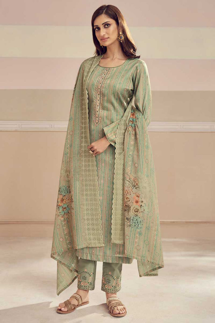 Festival Wear Cotton Fabric Khaki Color Ravishing Salwar Suit With Printed Work