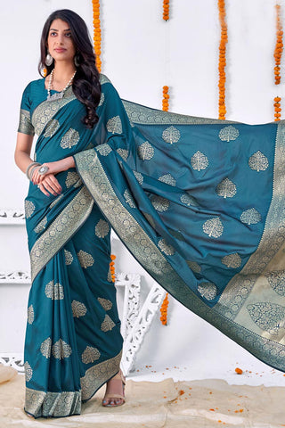 Weaving Work On Function Wear Teal Color Flashing Saree In Art Silk Fabric