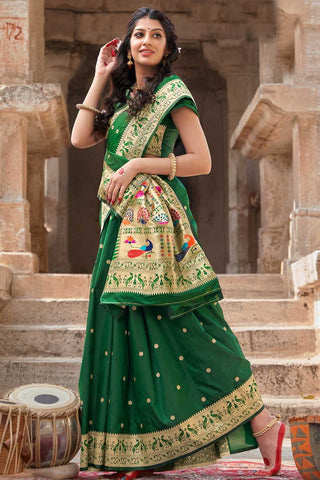 Excellent Art Silk Fabric Green Color Function Wear Saree With Weaving Work