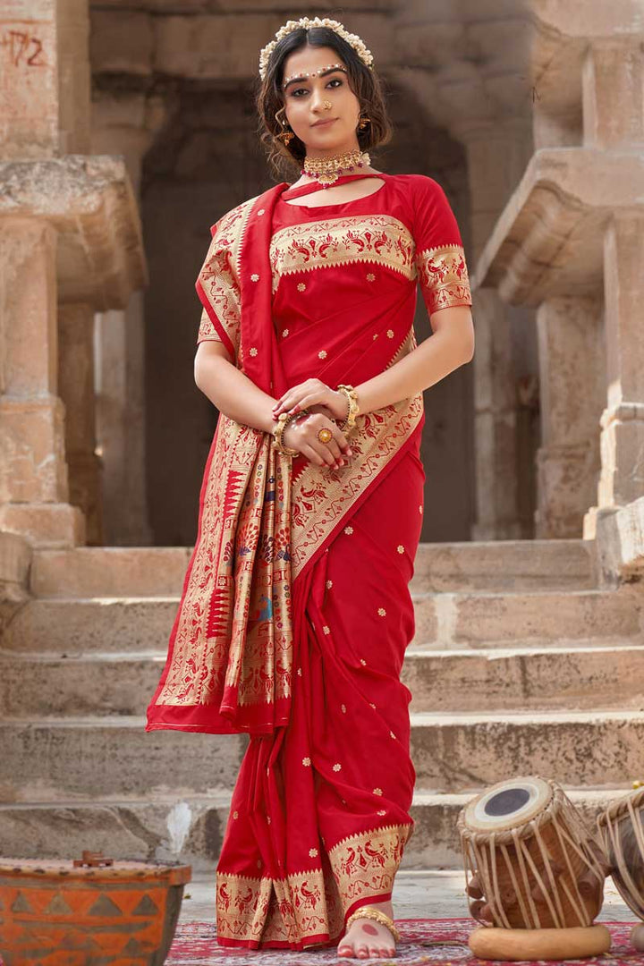 Red Color Weaving Work On Art Silk Fabric Function Wear Stunning Saree