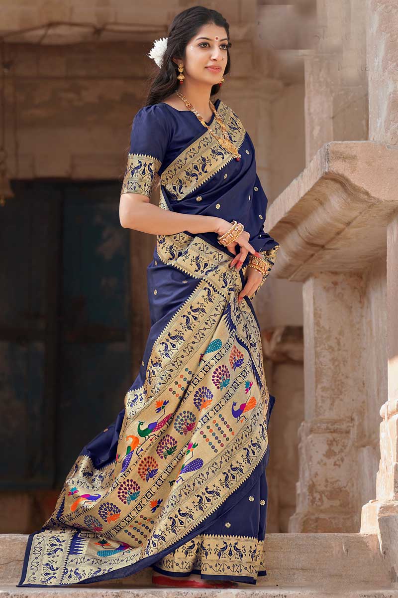 IncNavy Blueible Weaving Work On Art Silk Fabric Navy Blue Color Function Wear Saree