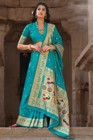 Art Silk Fabric Cyan Color Function Wear Delicate Saree With Weaving Work