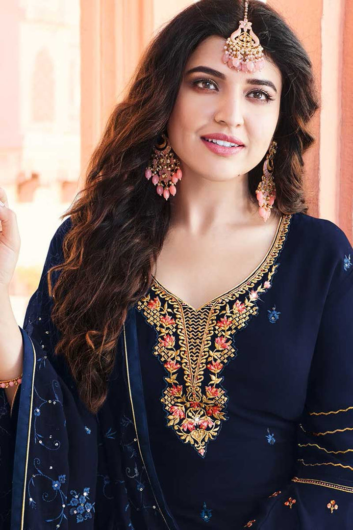Georgette Fabric Navy Blue Color Sangeet Wear Palazzo Suit With Dazzling Embroidered Work