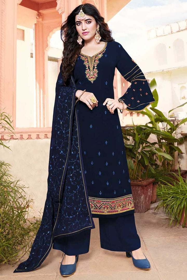 Georgette Fabric Navy Blue Color Sangeet Wear Palazzo Suit With Dazzling Embroidered Work
