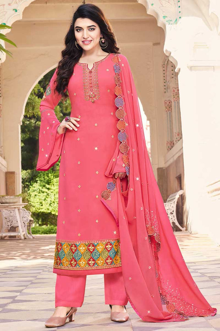 Pink Color Embroidered Work On Georgette Fabric Sangeet Wear Astounding Palazzo Suit