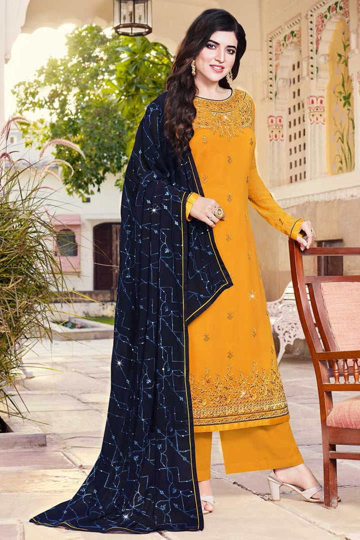 Embroidered Work On Yellow Color Sangeet Wear Phenomenal Palazzo Suit In Georgette Fabric