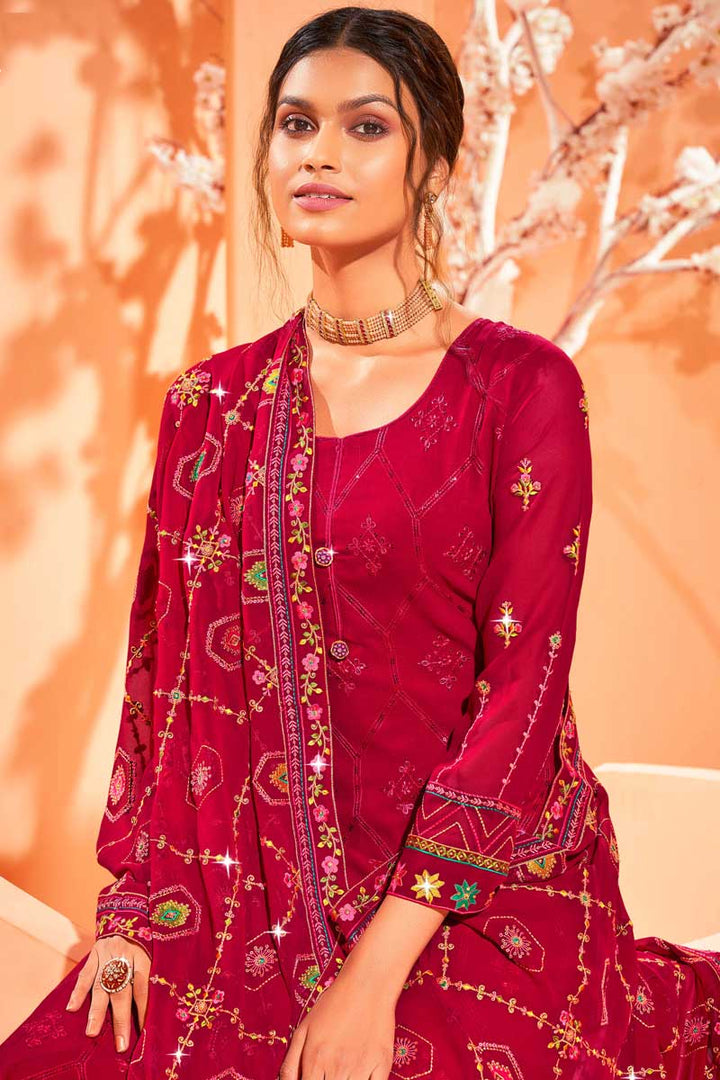 Rani Color Georgette Fabric Party Wear Pleasant Palazzo Suit With Embroidered Work
