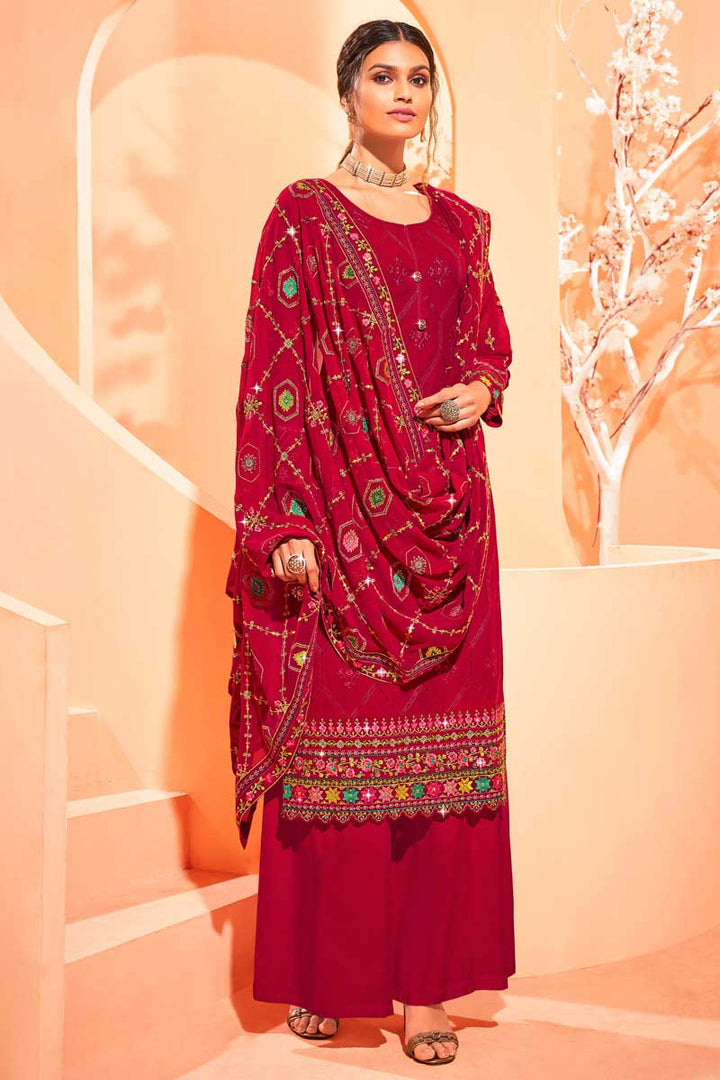 Rani Color Georgette Fabric Party Wear Pleasant Palazzo Suit With Embroidered Work