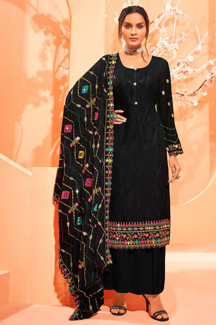 Embroidered Work On Black Color Party Wear Imposing Palazzo Suit In Georgette Fabric