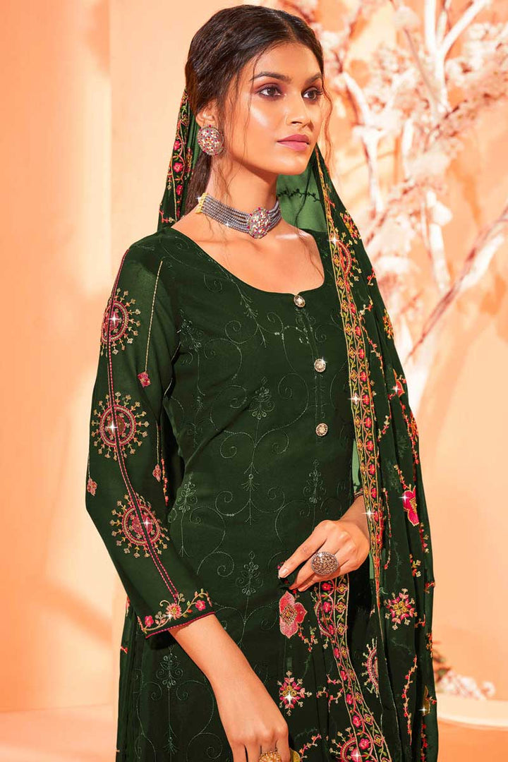 Georgette Fabric Party Wear Dark Green Color Attractive Palazzo Suit With Embroidered Work