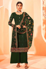 Load image into Gallery viewer, Georgette Fabric Party Wear Dark Green Color Attractive Palazzo Suit With Embroidered Work

