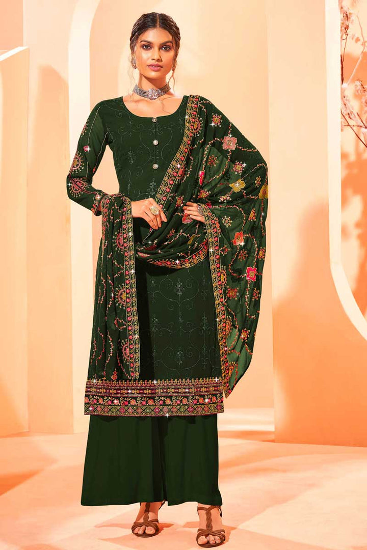 Georgette Fabric Party Wear Dark Green Color Attractive Palazzo Suit With Embroidered Work