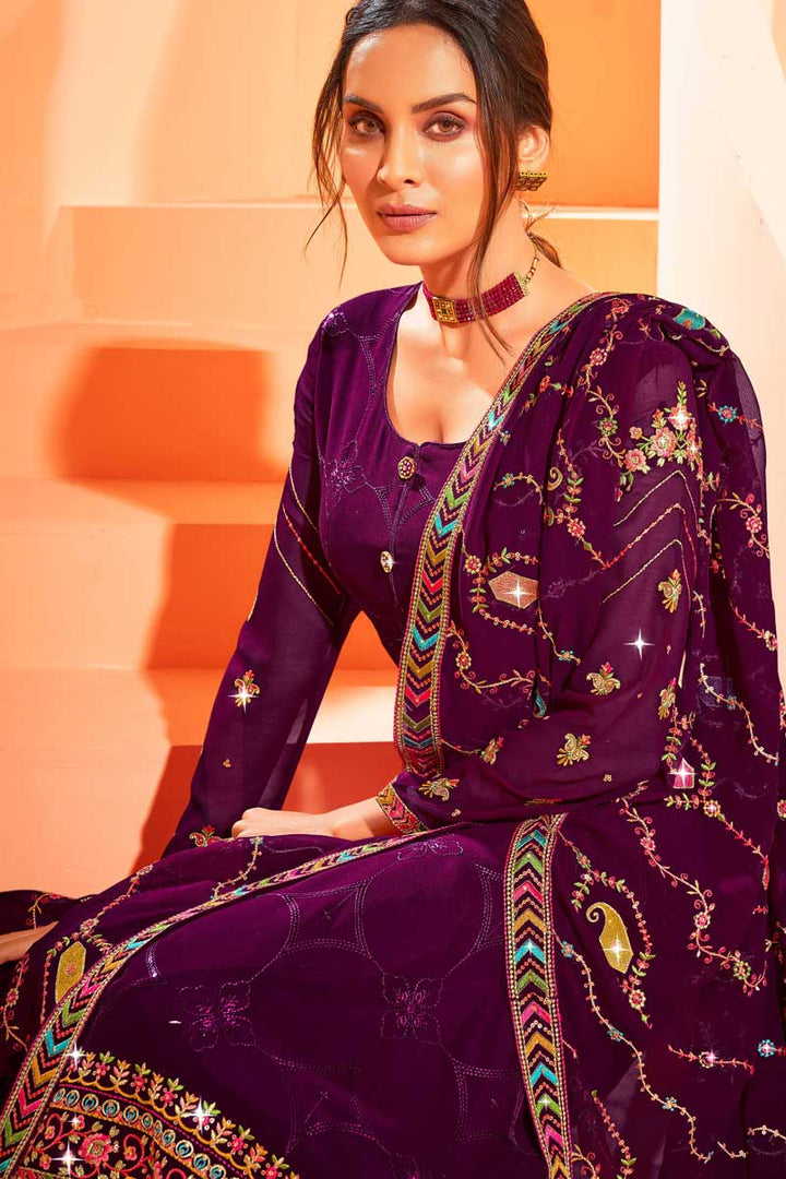 Embroidered Work On Georgette Fabric Party Wear Splendid Palazzo Suit In Purple Color