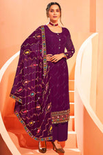 Load image into Gallery viewer, Embroidered Work On Georgette Fabric Party Wear Splendid Palazzo Suit In Purple Color
