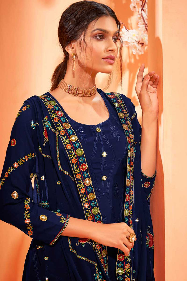 Navy Blue Color Georgette Fabric Party Wear Elegant Palazzo Suit With Embroidered Work