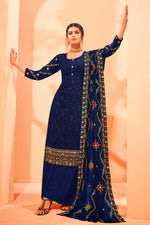 Load image into Gallery viewer, Navy Blue Color Georgette Fabric Party Wear Elegant Palazzo Suit With Embroidered Work
