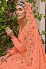 Load image into Gallery viewer, Excellent Georgette Fabric Peach Color Party Wear Palazzo Suit With Embroidered Work
