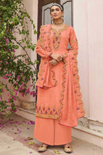 Load image into Gallery viewer, Excellent Georgette Fabric Peach Color Party Wear Palazzo Suit With Embroidered Work
