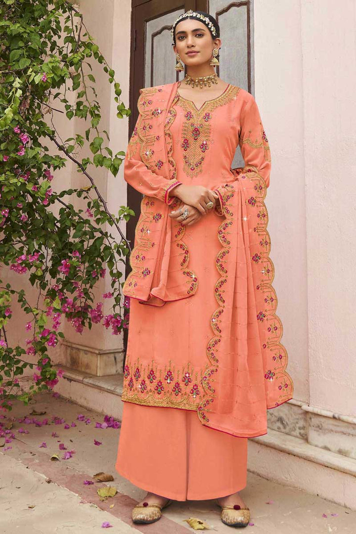 Excellent Georgette Fabric Peach Color Party Wear Palazzo Suit With Embroidered Work
