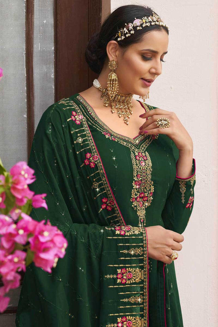 Dark Green Color Embroidered Work On Georgette Fabric Party Wear Stunning Palazzo Suit