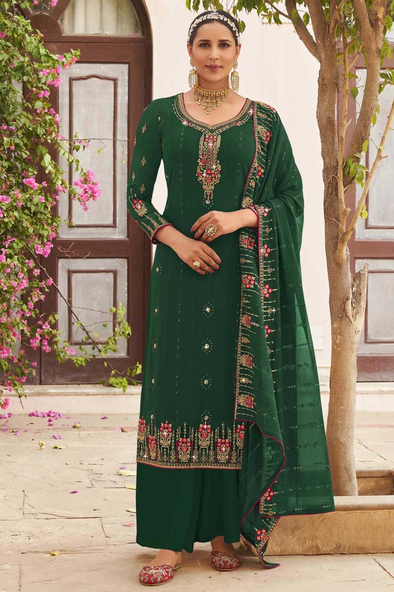 Dark Green Color Embroidered Work On Georgette Fabric Party Wear Stunning Palazzo Suit