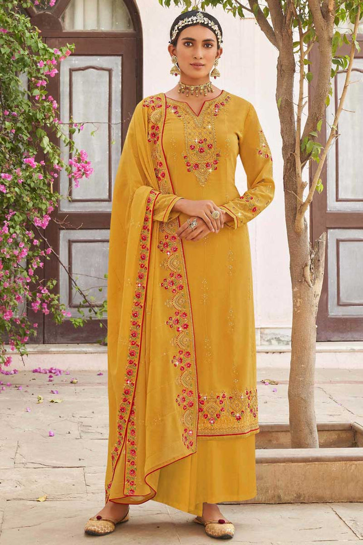 Beguiling Embroidered Work On Yellow Color Georgette Fabric Party Wear Palazzo Suit