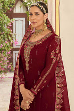 Load image into Gallery viewer, Incredible Embroidered Work On Georgette Fabric Maroon Color Party Wear Palazzo Suit
