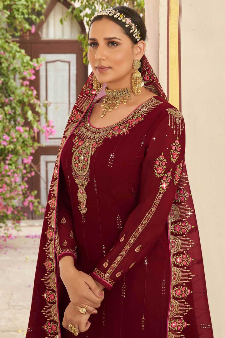 Incredible Embroidered Work On Georgette Fabric Maroon Color Party Wear Palazzo Suit