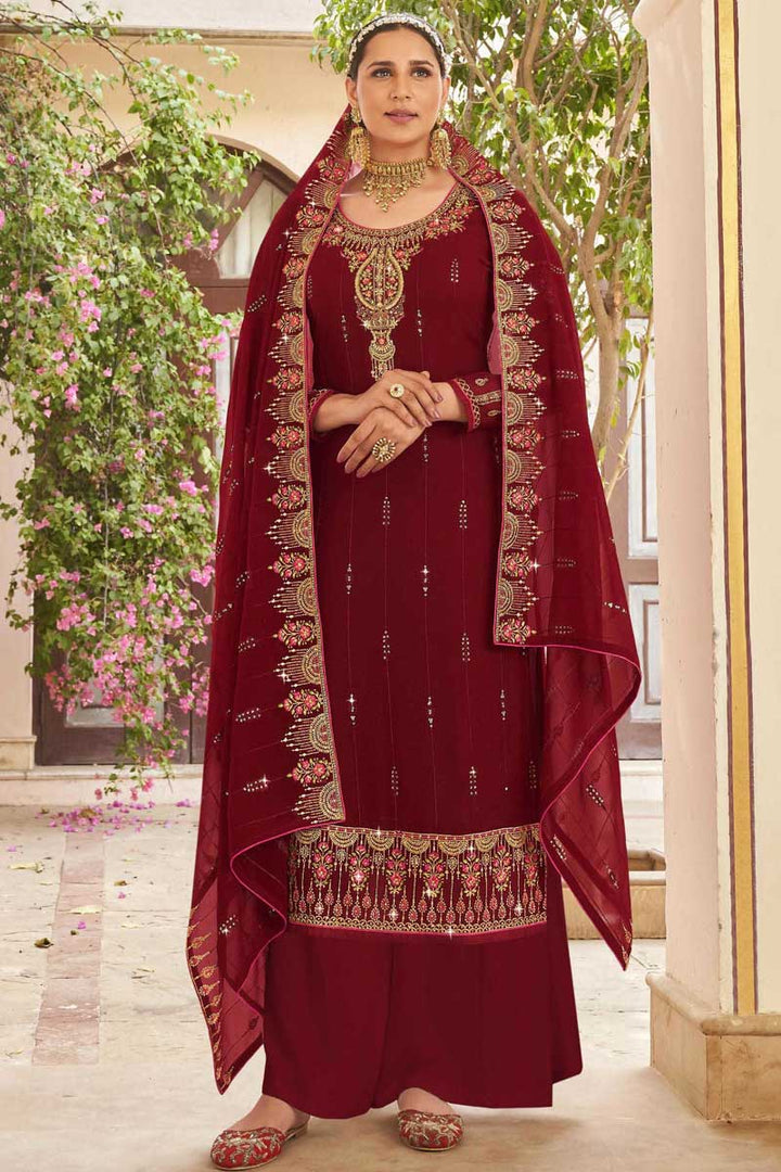 Incredible Embroidered Work On Georgette Fabric Maroon Color Party Wear Palazzo Suit