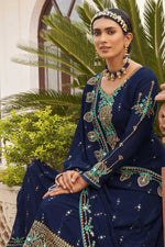 Load image into Gallery viewer, Tempting Georgette Fabric Navy Blue Color Party Wear Palazzo Suit With Embroidered Work
