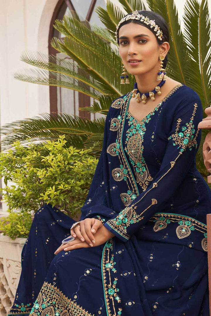Tempting Georgette Fabric Navy Blue Color Party Wear Palazzo Suit With Embroidered Work
