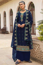 Load image into Gallery viewer, Tempting Georgette Fabric Navy Blue Color Party Wear Palazzo Suit With Embroidered Work
