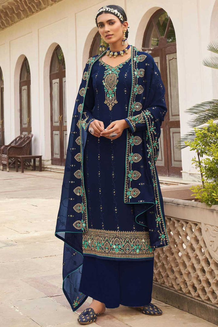 Tempting Georgette Fabric Navy Blue Color Party Wear Palazzo Suit With Embroidered Work