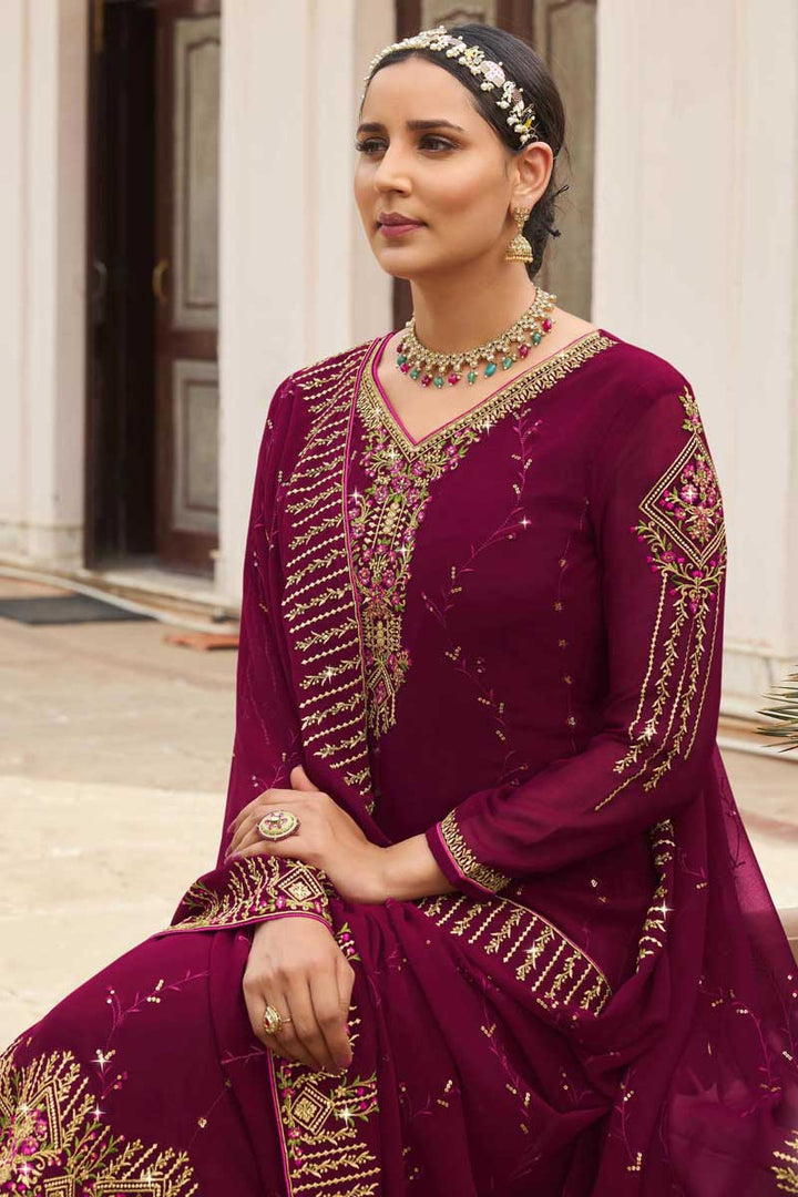 Georgette Fabric Burgundy Color Party Wear Delicate Palazzo Suit With Embroidered Work