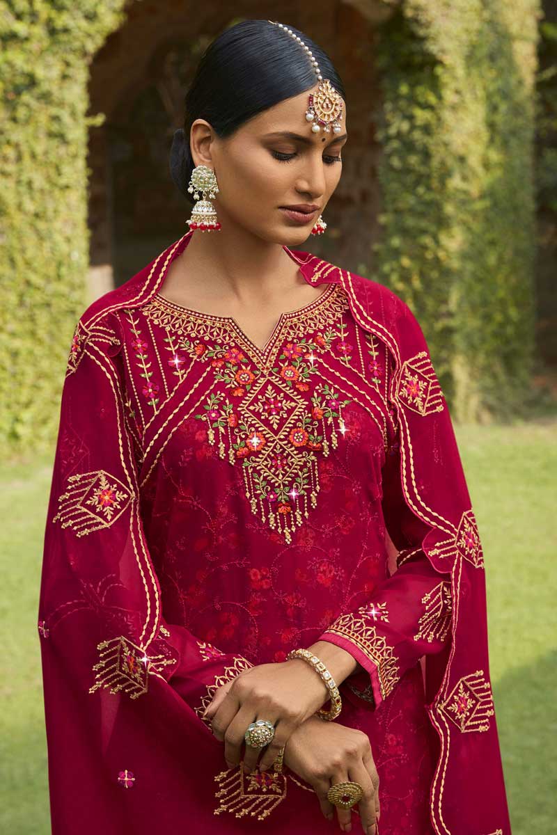Function Wear Georgette Fabric Rani Color Glorious Palazzo Suit With Embroidered Work