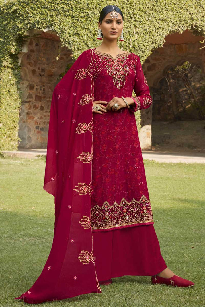 Function Wear Georgette Fabric Rani Color Glorious Palazzo Suit With Embroidered Work