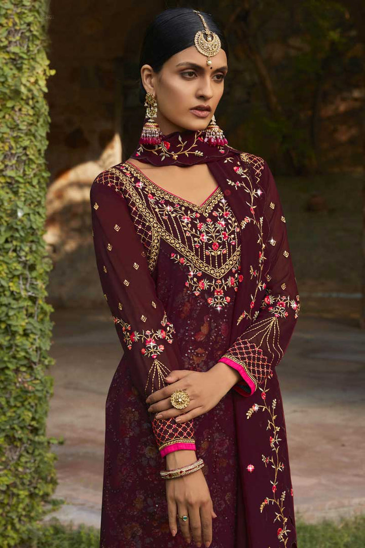 Function Wear Glamorous Brown Color Georgette Fabric Palazzo Suit With Embroidered Work