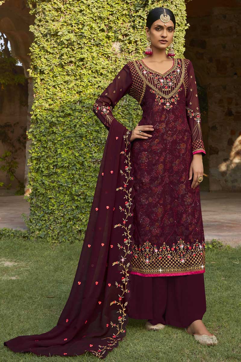 Function Wear Glamorous Brown Color Georgette Fabric Palazzo Suit With Embroidered Work