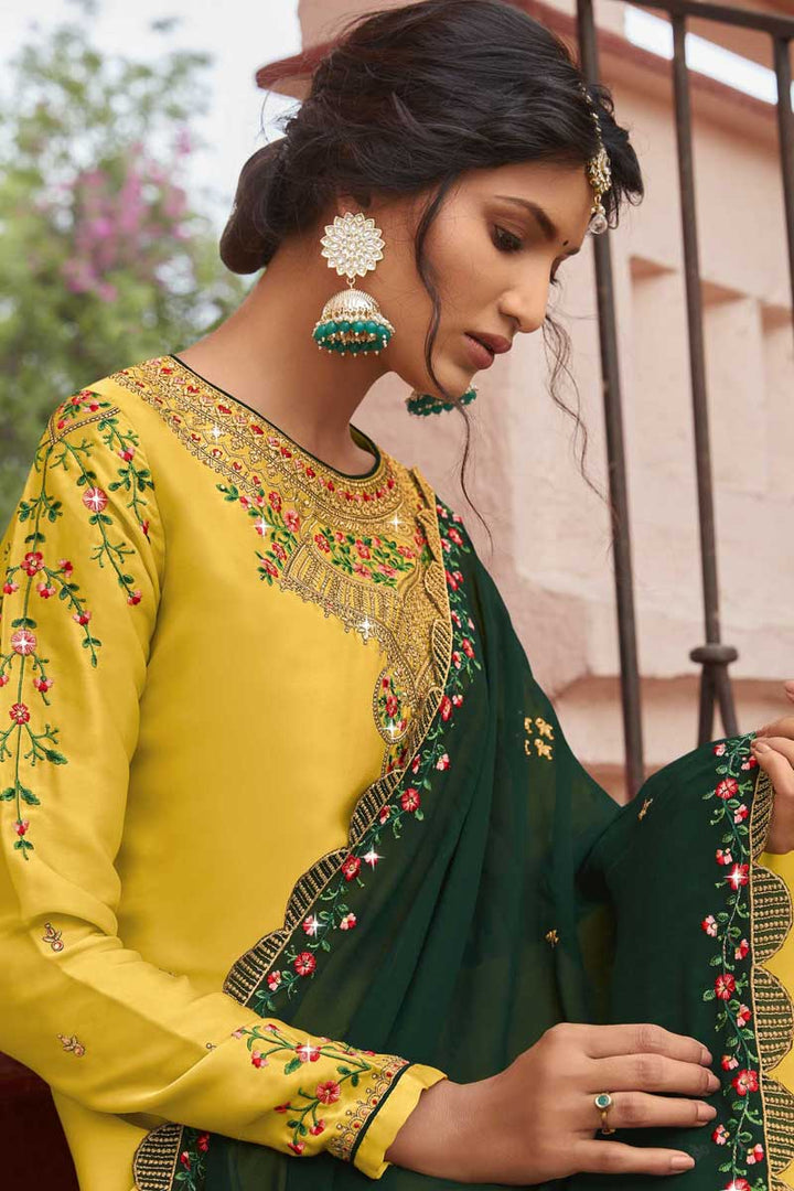 Function Wear Embroidered Work Yellow Color Georgette Fabric Vintage Sharara Suit