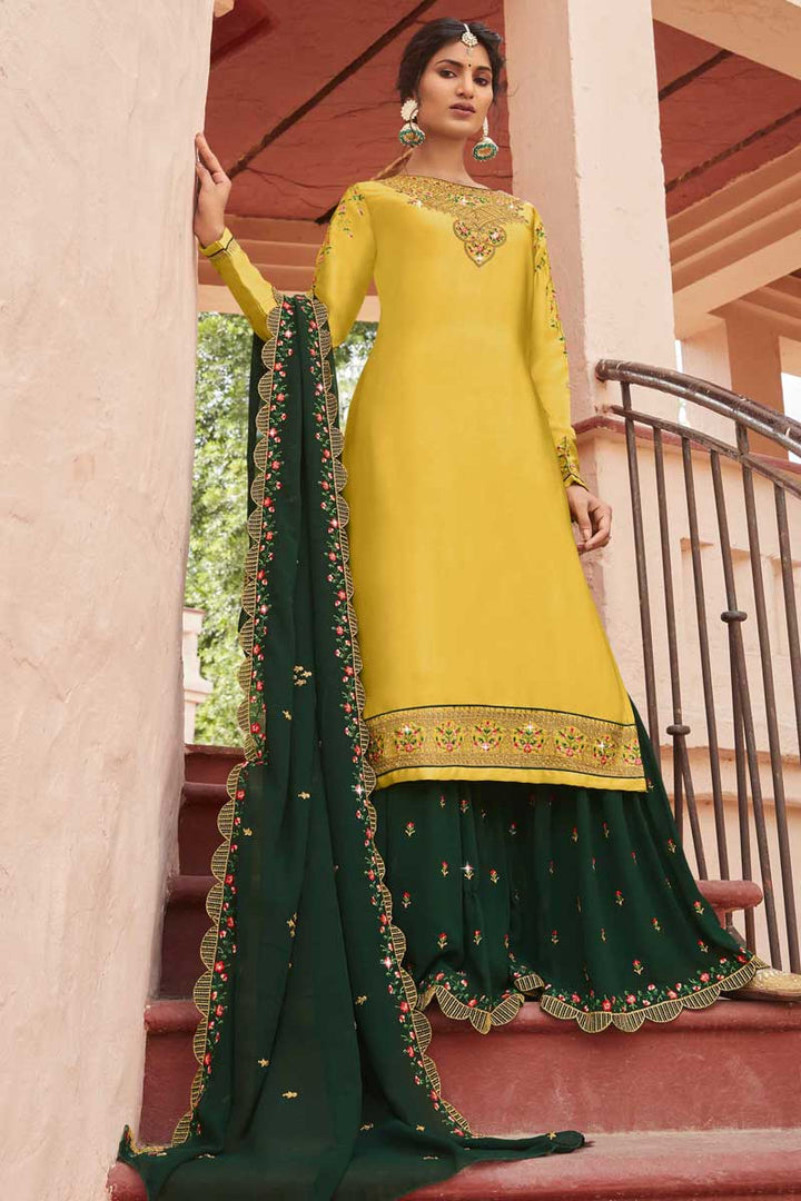 Function Wear Embroidered Work Yellow Color Georgette Fabric Vintage Sharara Suit